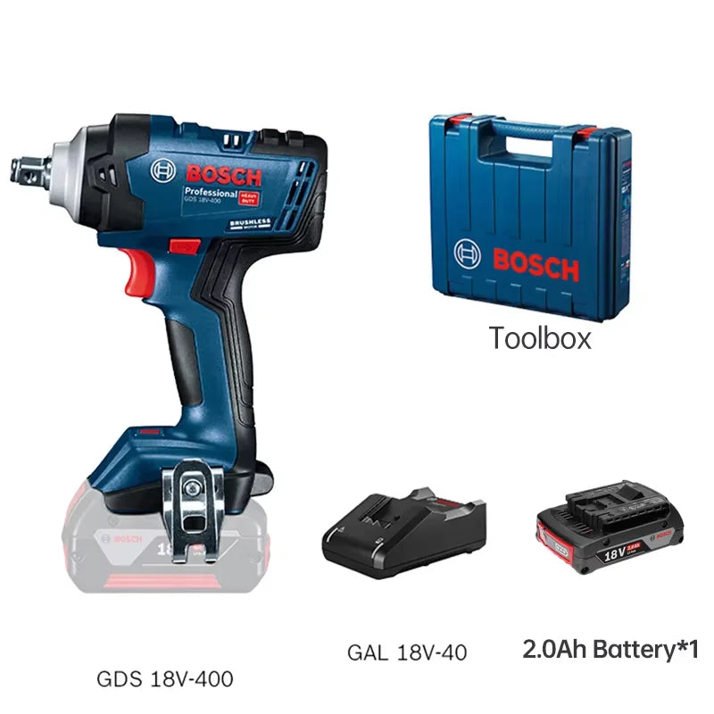 Bosch-Chave de impacto recarregável, alto torque de lítio sem escova 400N.m, Chave elétrica GDS 18V-400, Ferramentas elétricas sem fio, 18V