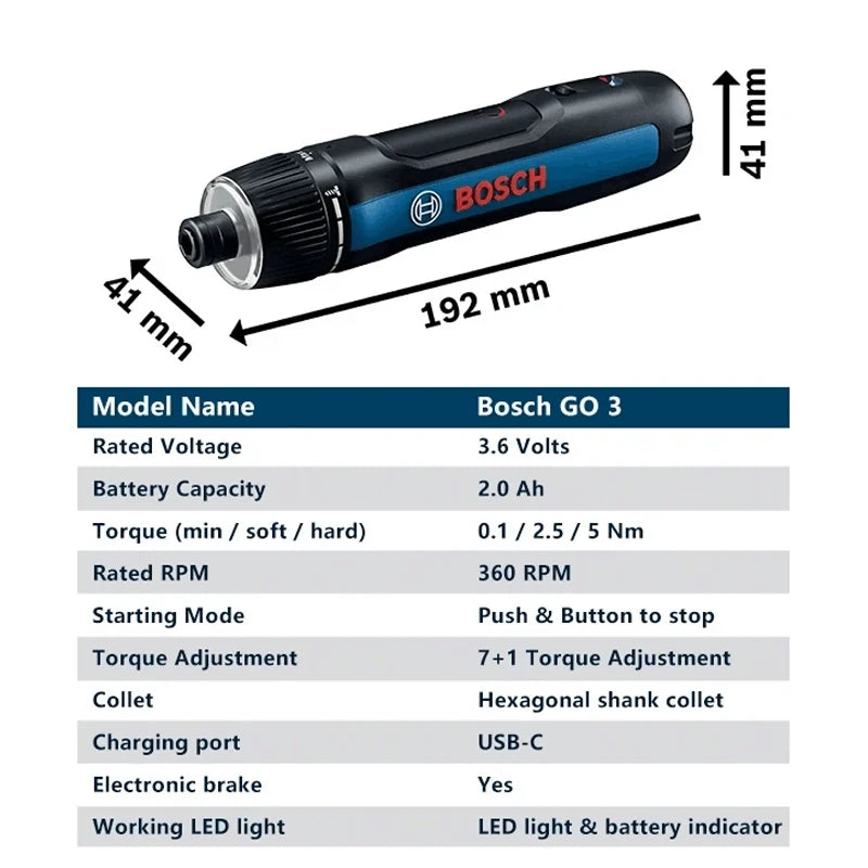 Bosch go3 3.6v recarregável chave de fenda novo modelo sem escova sem fio multifuncional casa técnico industrial mini ferramentas elétricas