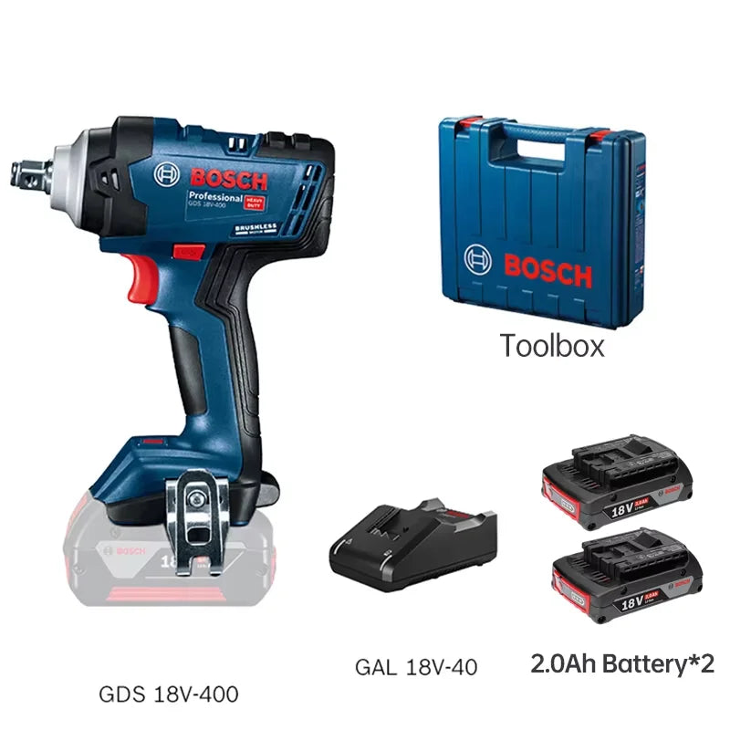 Bosch-Chave de impacto recarregável, alto torque de lítio sem escova 400N.m, Chave elétrica GDS 18V-400, Ferramentas elétricas sem fio, 18V