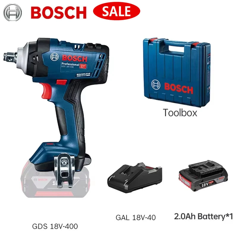 Bosch-Chave de impacto recarregável, alto torque de lítio sem escova 400N.m, Chave elétrica GDS 18V-400, Ferramentas elétricas sem fio, 18V