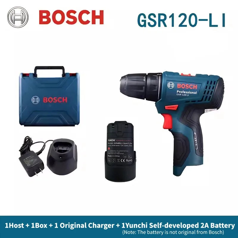 Bosch-Ferramenta elétrica sem fio recarregável, chave de fenda elétrica, GSR 120-LI Host, caixa, carregador original, 1 seção Yunchi, 2A bateria, 12V